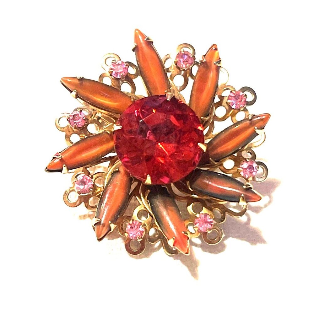 Pink and Gold Tone Retro Floral Brooch Vtg Jewelry Atomic Starburst Type Pattern - Picture 3 of 8